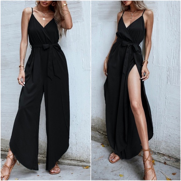 Boho Green Surplice Slit Thigh Cami Jumpsuit - Picture 2 of 7